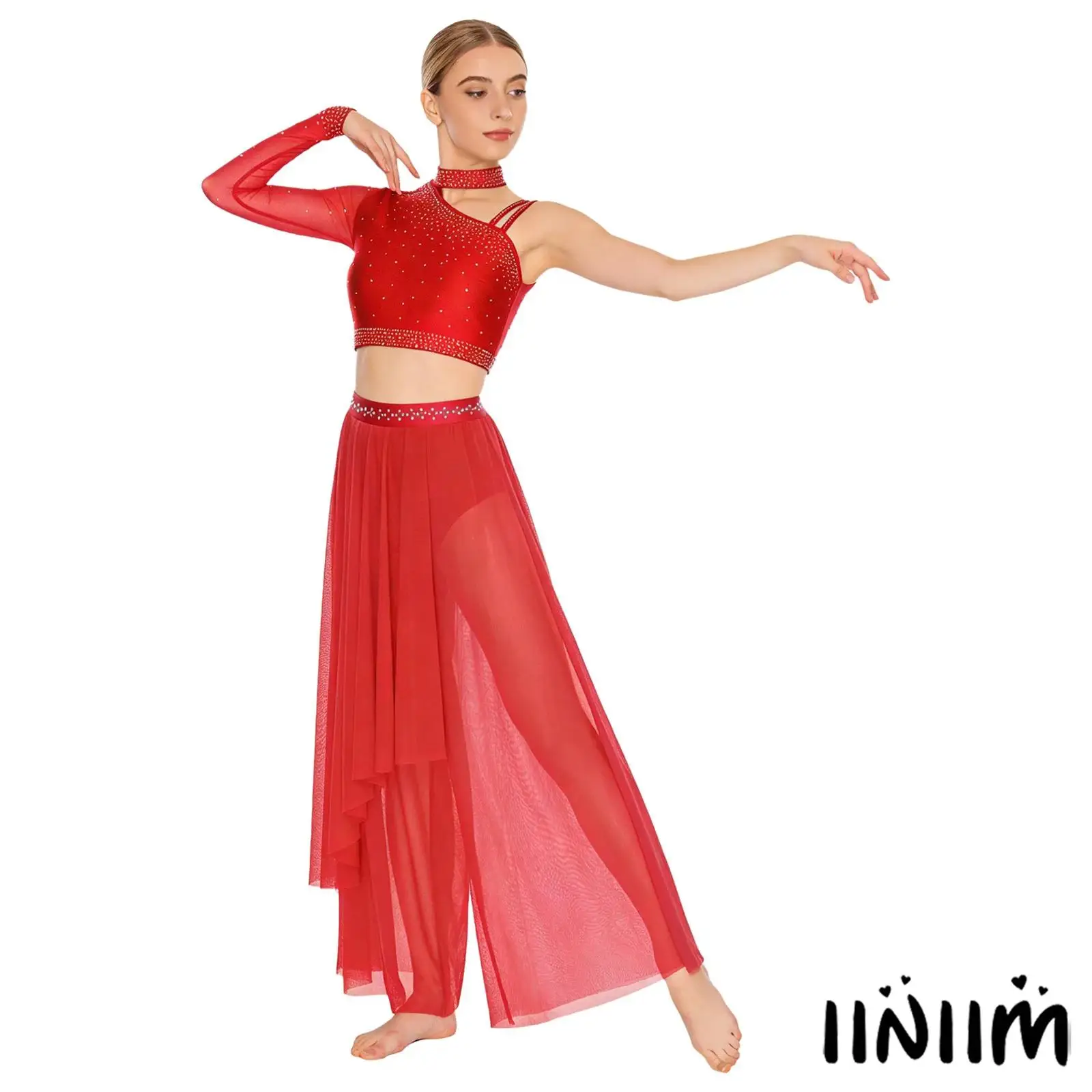 

Женский современный танцевальный костюм: асимметричный топ с открытым плечом, украшенный стразами, и брюки для бальных танцев, выпускных и танцевальных шоу