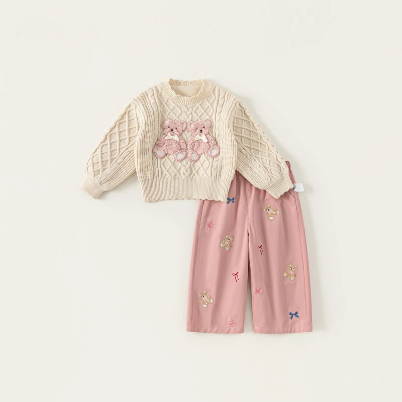 2025 New Autumn/Winter Children's Diamond Checkered Little Bear Pattern Warm Sweater and Cotton Pants Two Piece Set