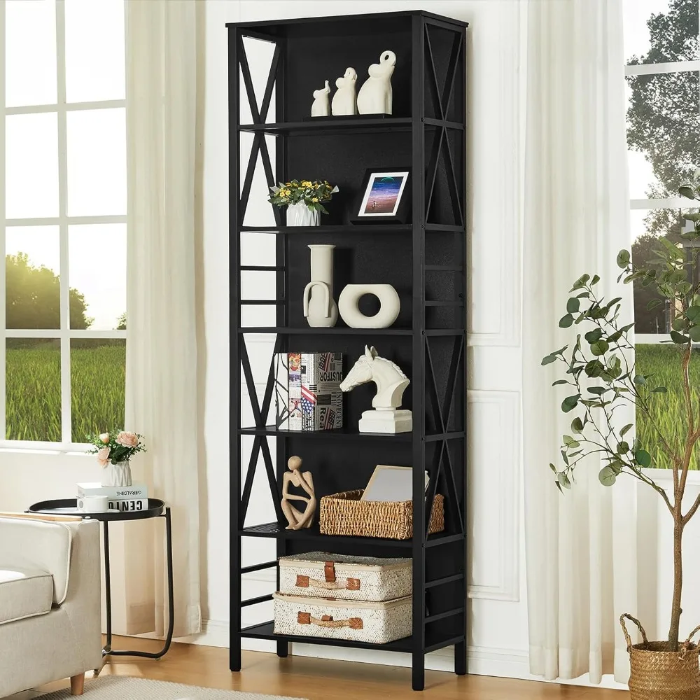 

Bookshelf, 7-Tier Bookshelf, Rustic Wood Metal Bookshelves and Bookcases, Freestanding Open Bookshelf, Industrial Tall Bookcase