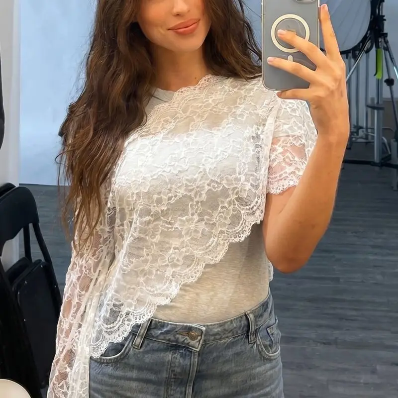 Womens Y2k Lace Floral Off One Shoulder Top Sheer Mesh Cape Sleeve Poncho Top Lightweight Beach Cover Ups Daily Party Streetwear