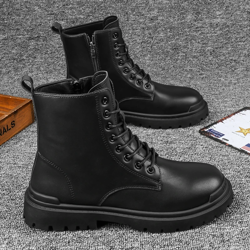 Leather Black Men\'s Biker Boot Fashion YoungWaterproof Trendy Boots Man Autumn Winter High Top ClassicBasic Shoe