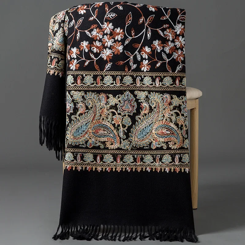 New Women Soft Winter Cashmere Scarf Embroidered Cashew Pashmina Luxury Brand Shawls and Wraps Echarpe Warm Scarves image 4