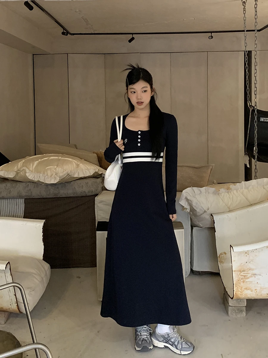 

Элегантное женское платье с длинным рукавом, весна 2025, новый стиль, с завышенной талией, из хлопка, полиэстера и спандекса, фасон H, для повседневной носки