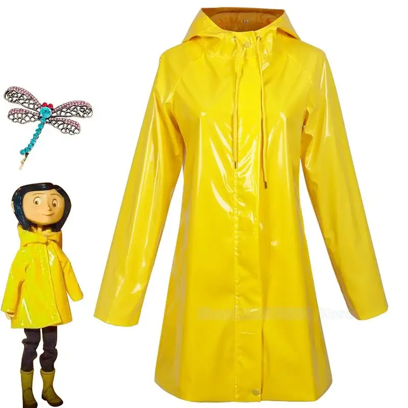 Horror Märchenfilme Coraline Cosplay Kostüm Perücke Gelber Mantel Geheime Tür Erwachsene Kind Frauen Halloween Party Gruseliger Rollenspielanzug