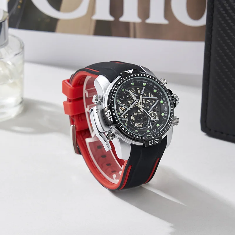 MOBANGTUO Multifunktionale automatische mechanische Herrenuhr, modisch, leuchtend, großes Zifferblatt, Silikonarmband, wasserdichte Armbanduhr