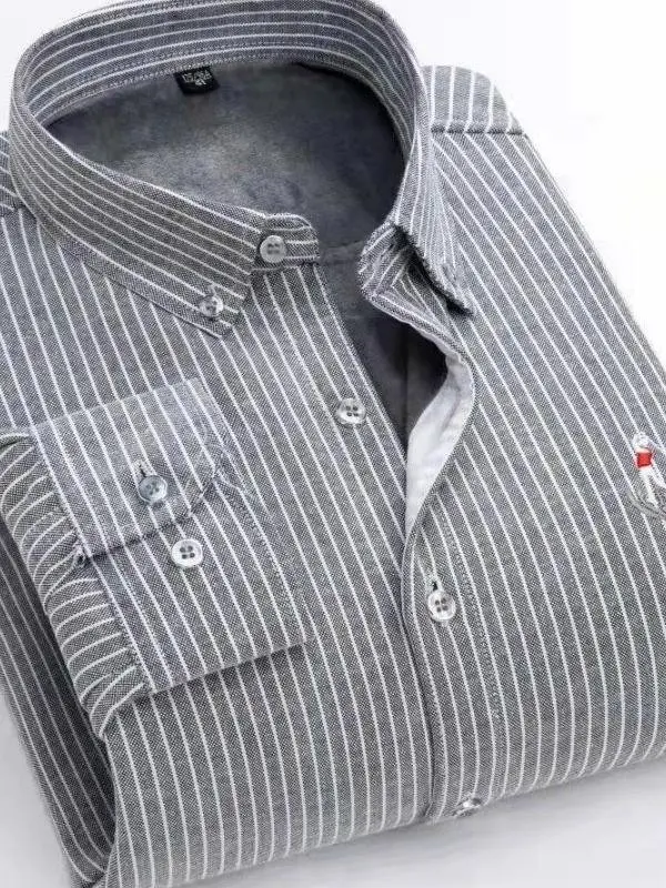 

Утепленная мужская зимняя теплая повседневная рубашка из оксфордской ткани с длинным рукавом, в полоску, молодежная, стандартного кроя, с воротником, для ношения поверх одежды.