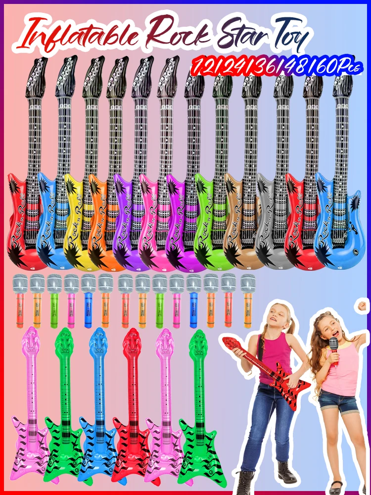 12-60 Stuks Opblaasbare Rock Star Speelgoed Opblaasbare Gitaar Microfoons Ballonnen Opblazen Muziekinstrument voor 80s 90s Muzikale Partij - afbeelding 2