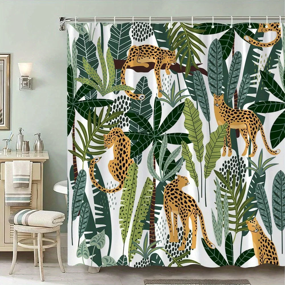 

1pc Tropical Cheetah Jungle Shower Curtain - Golden Cheetahs, Green Foliage, Modern Decor, Polyester, Machine Washable