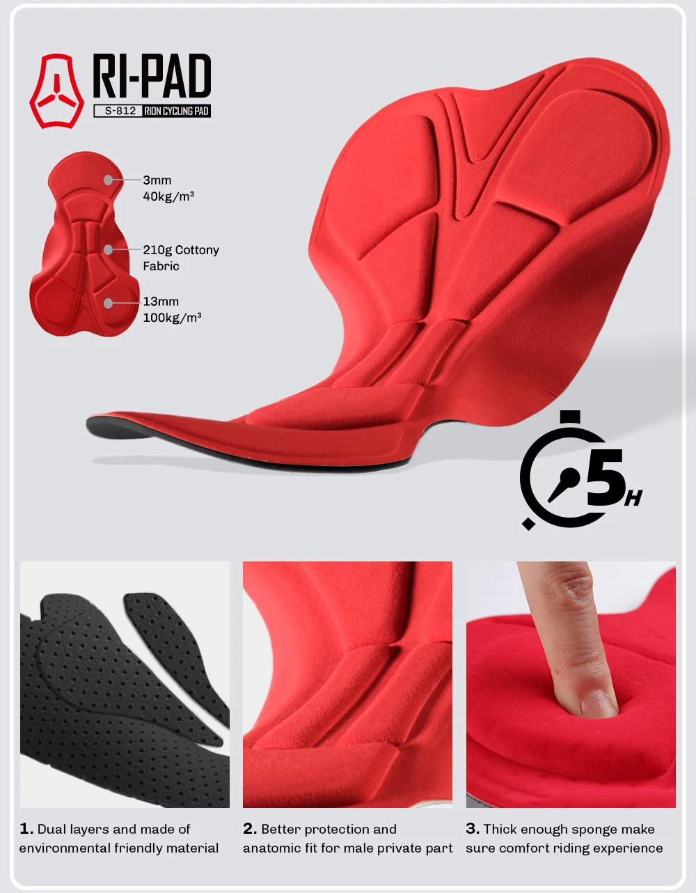 RION Herren Radsport-Trägerhose Gepolsterte Tights Rennrad MTB Fahrradbekleidung Atmungsaktive 5H Reithose Outdoor-Sportausrüstung – Detail 5