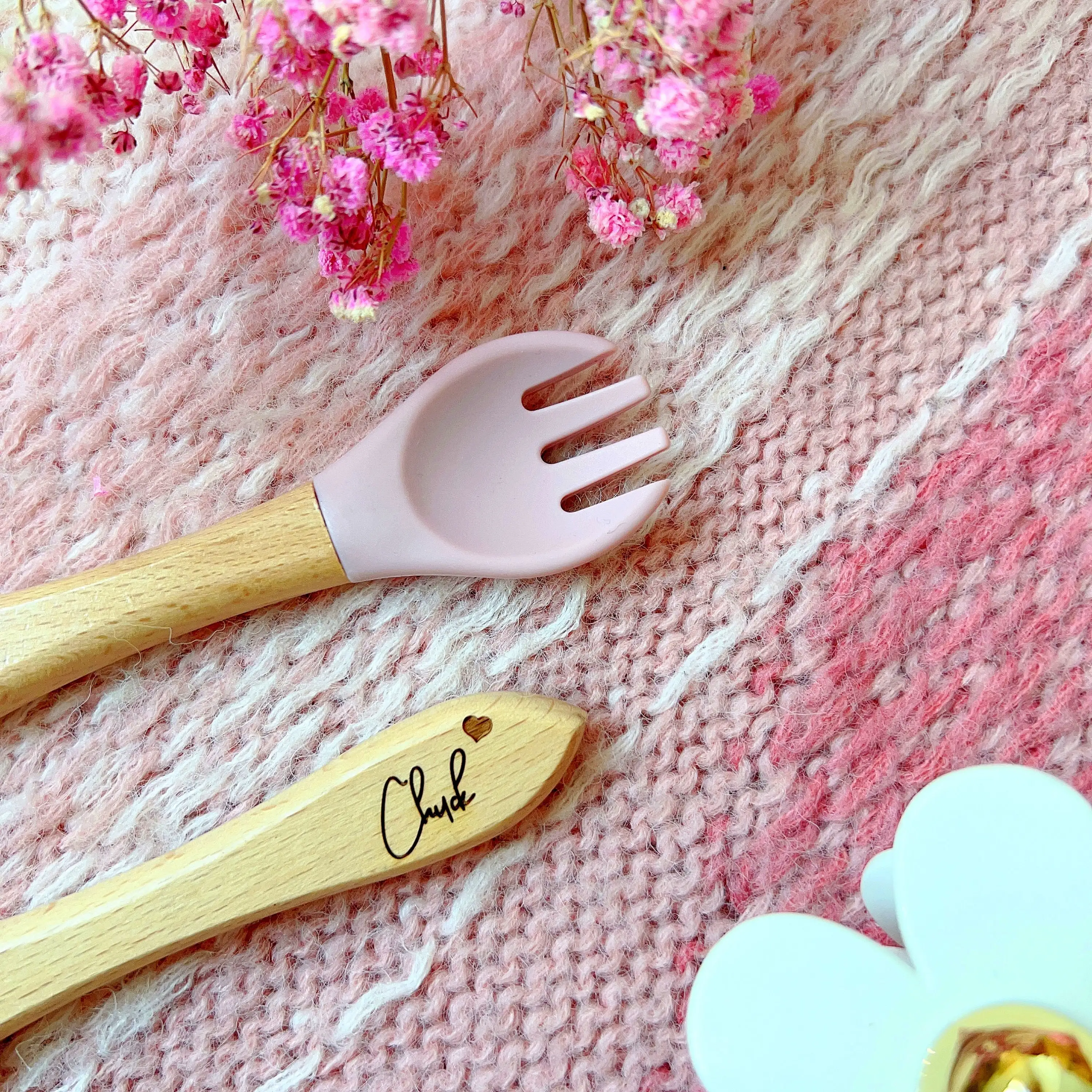 Personalised children\'s cutlery set Birth and Christmas gift Custom Wooden fork and spoon Newborn baby silicone meal set