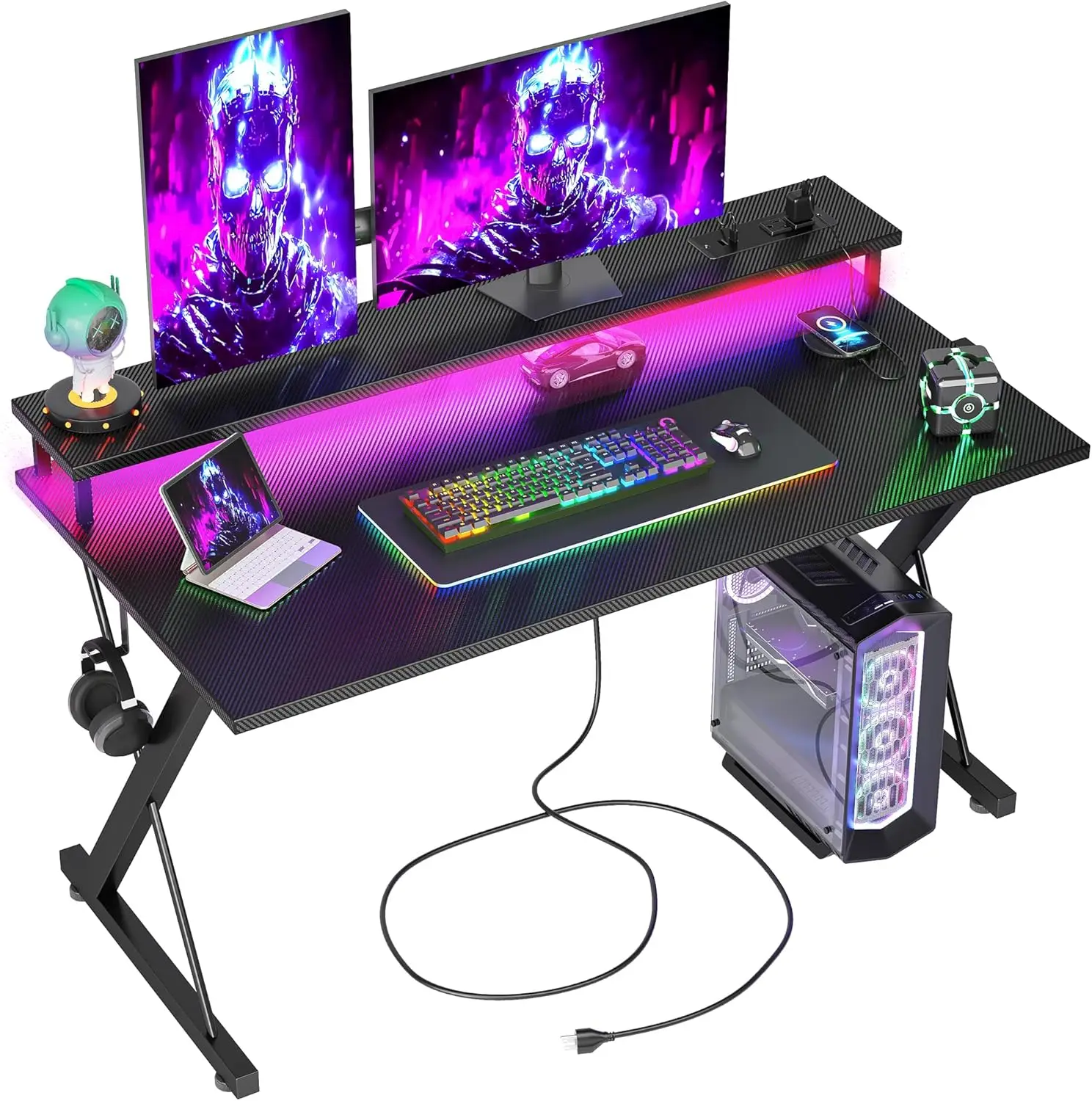 

Gaming Desk with Power Outlets & LED 40 Inch Ergonomic Computer Carbon Fiber Surface Gamer Desk