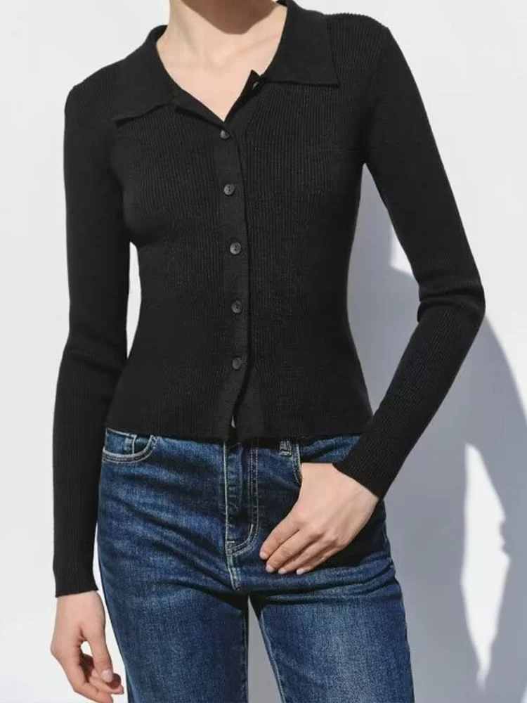 

Simple French solid color lapel long-sleeved knitted cardigan autumn wear for women fashionable commuting temperament slim outer