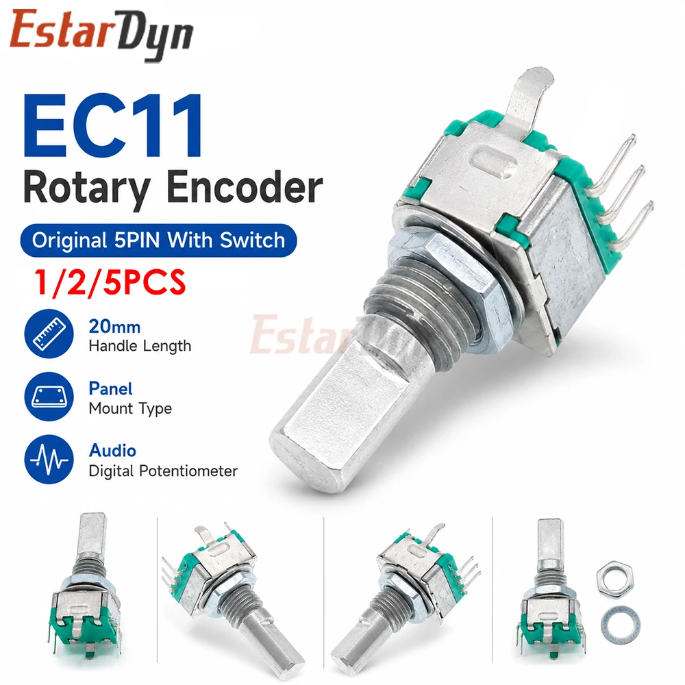 Estardyn 1/2/5pcs EC11 Rotary Encoder Code Switch with Push Button 5 Pin 20mm Handle Audio Digital Potentiometer