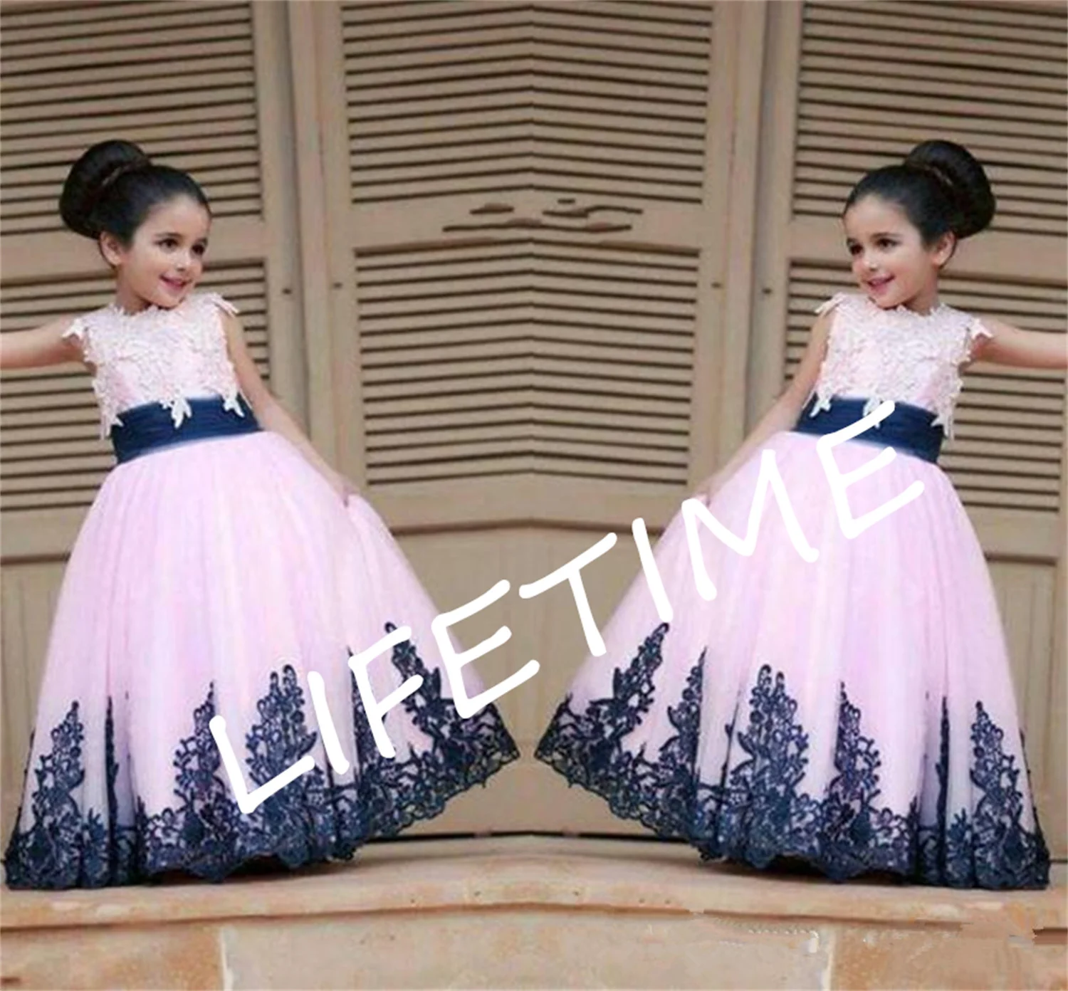 

Pink/Yellow Flower Girls' Dresses With Royal Blue Lace Bridal Party Princess Style Ball Gowns For Weddings Kids First Communion