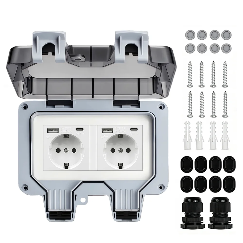 Waterproof Outdoor Socket,Double Power Outlet with Protective Cover ,Dustproof Windproof Socket,Wall-Mounted Garden Power Outlet image 3