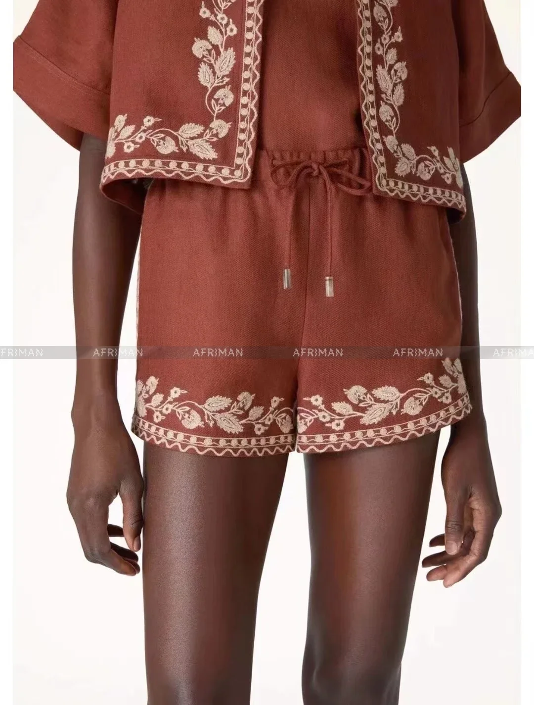 Ethnic Style Linen Embroidered Vest Jacket + Shorts Two-piece Fashionable Set Women\'s Summer Vacation