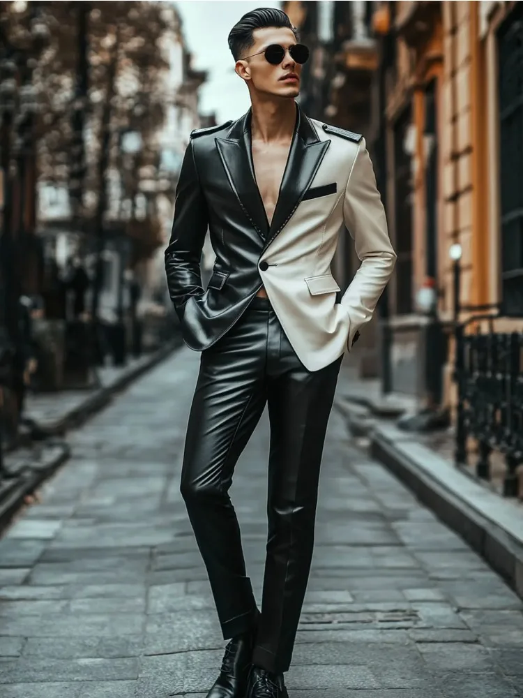 

Men's Suit 2-Piece Sets Casual Lapel Long Sleeve Single Button Leather Suit Jacket + Solid Color Trousers Fashionable Men's Wear
