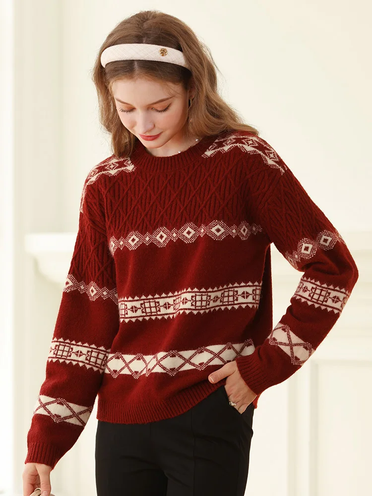 I BELIEVE YOU Christmas Sweaters Women Red Jacquard Lazy Wind Winter 2023 New Loose Colorblocking Pullover Knitwears 2234125171