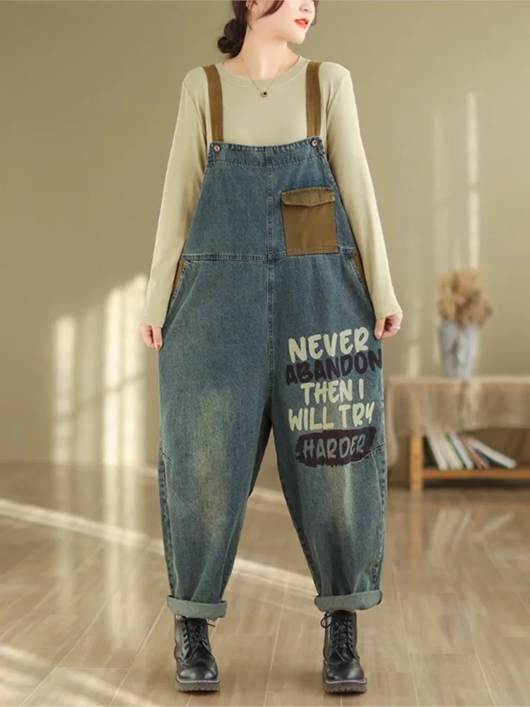 Imagem -03 - Jeans com Alças Largas para Mulheres Calças Soltas Moda Casual sem Mangas Estampa de Letras Senhoras Outono Inverno Novo 2023