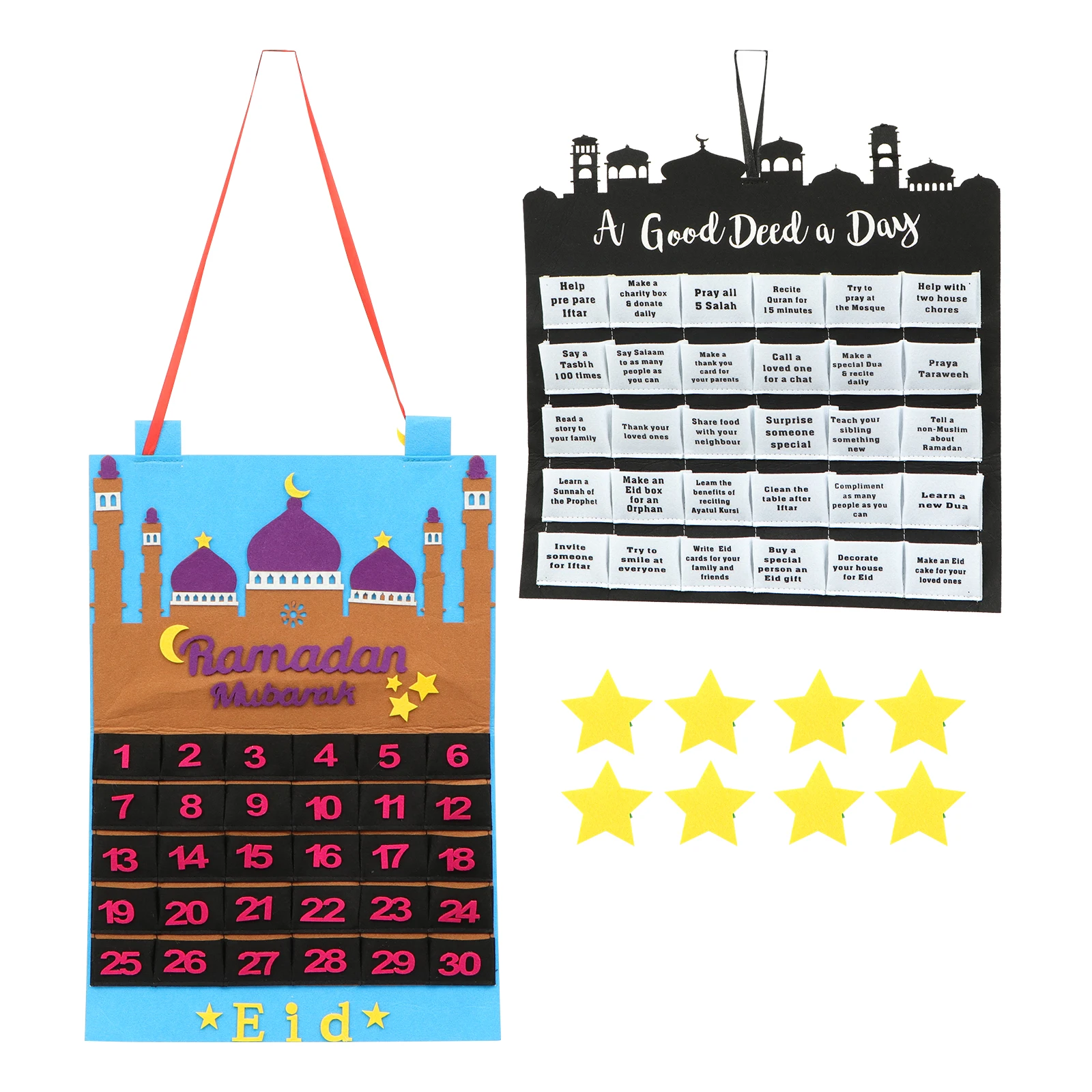 

2pcs Countdown Ramadan Decoration Advent Calendar 2024 Wall Hanging Muslim Eid Calendar Felt Fabric Reusable Festive for Stores