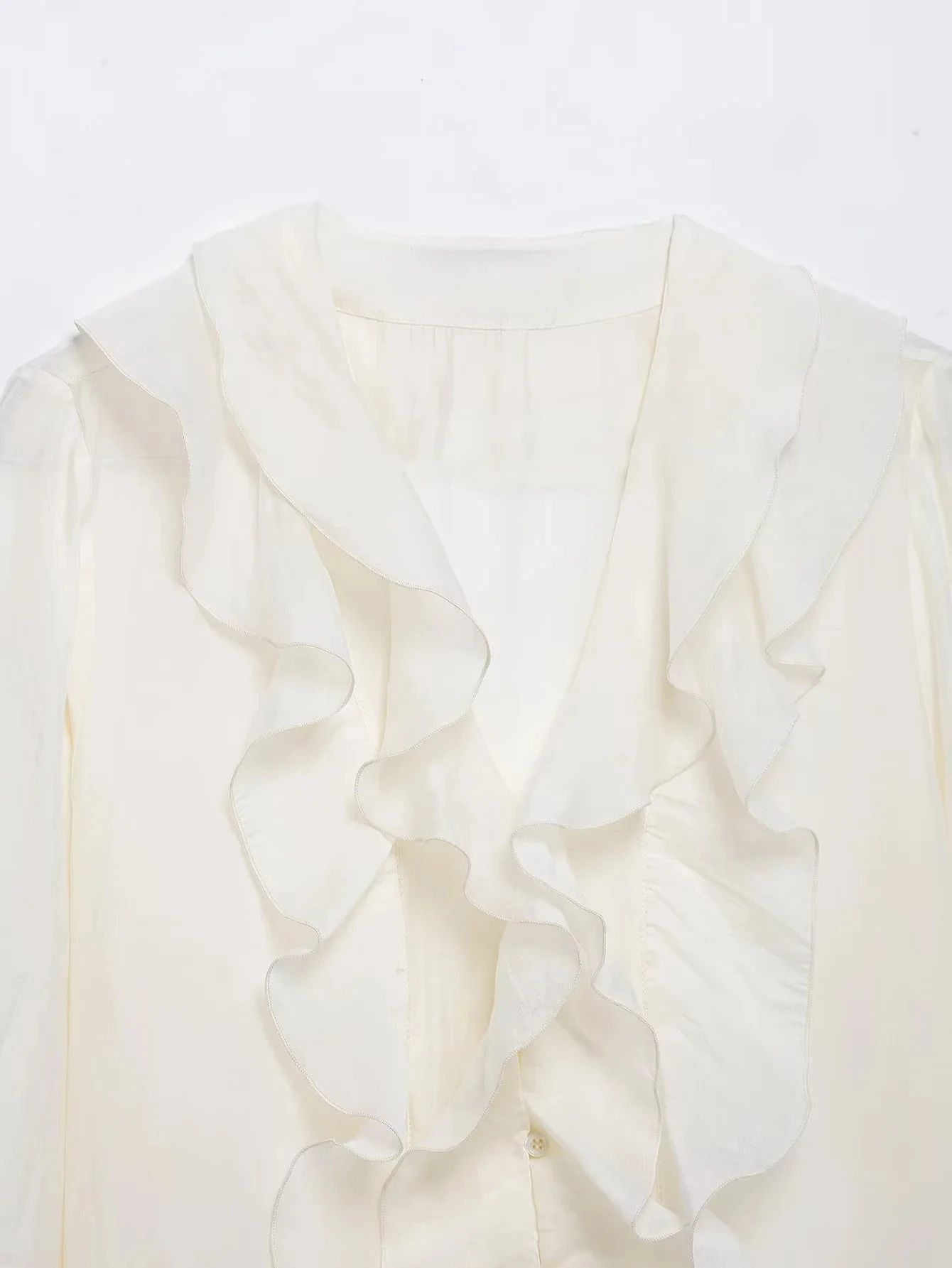 HH Damen Elegante Dünne Einfarbige Sommer-Bluse mit Rüschen, V-Ausschnitt und Puffärmeln, Lässige Damenbluse für Frühling 2026 und Abschlussfeier – Detail 5