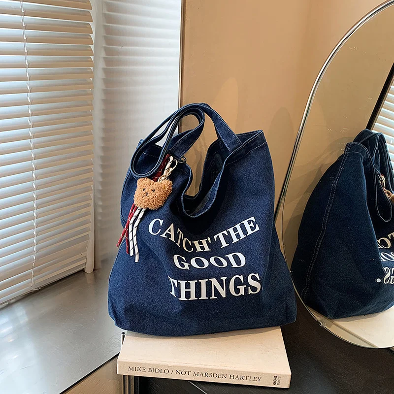 

New Korean Style Fashion Letter Denim Bag Large Capacity Double-Sided Shoulder Bag Commuter Handbag Shopping Bag