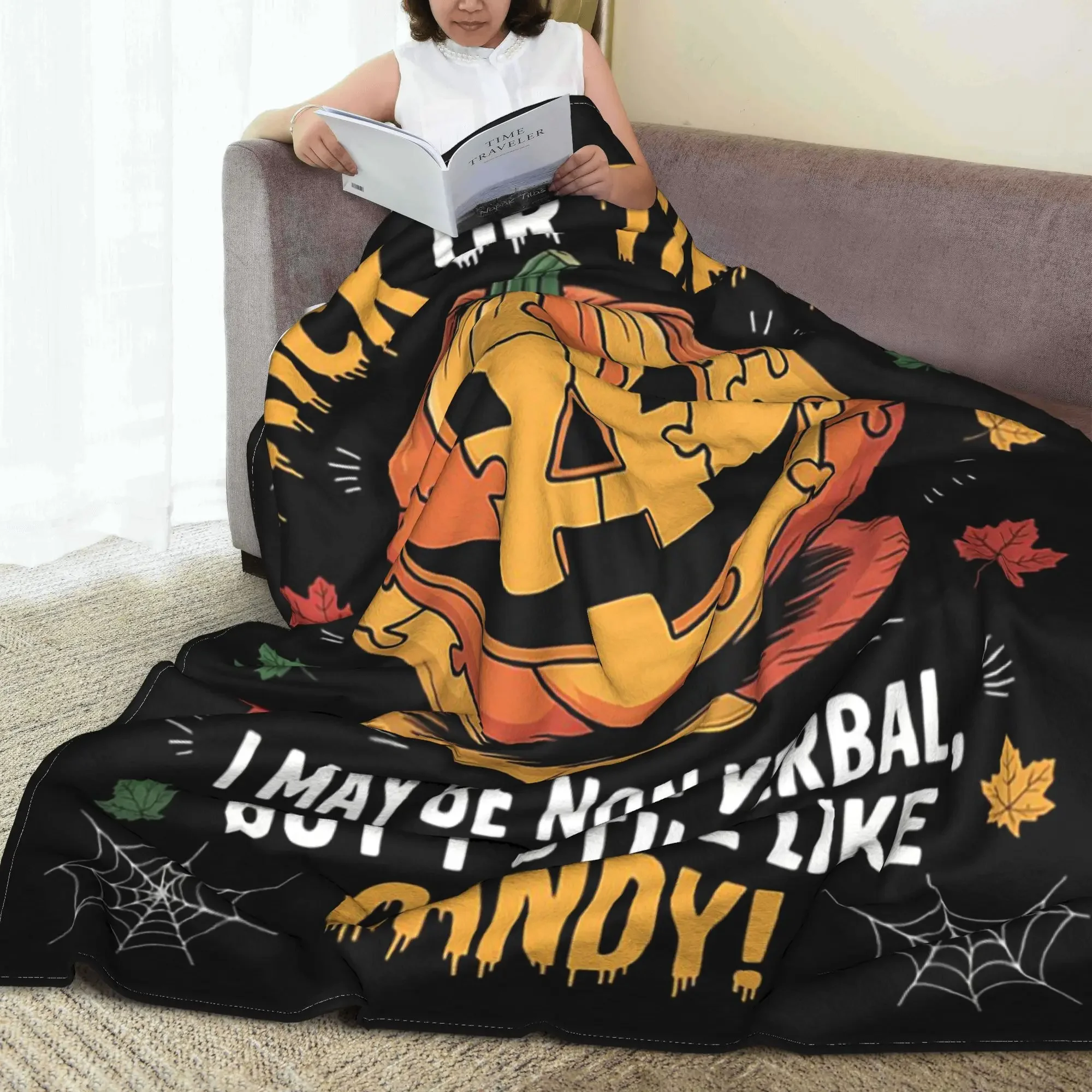 Autism Halloween Puzzle Trick Or Treat Autism Awareness Blanket Portable Fleece Sofa Throw Blanket for Couch Bedding Office
