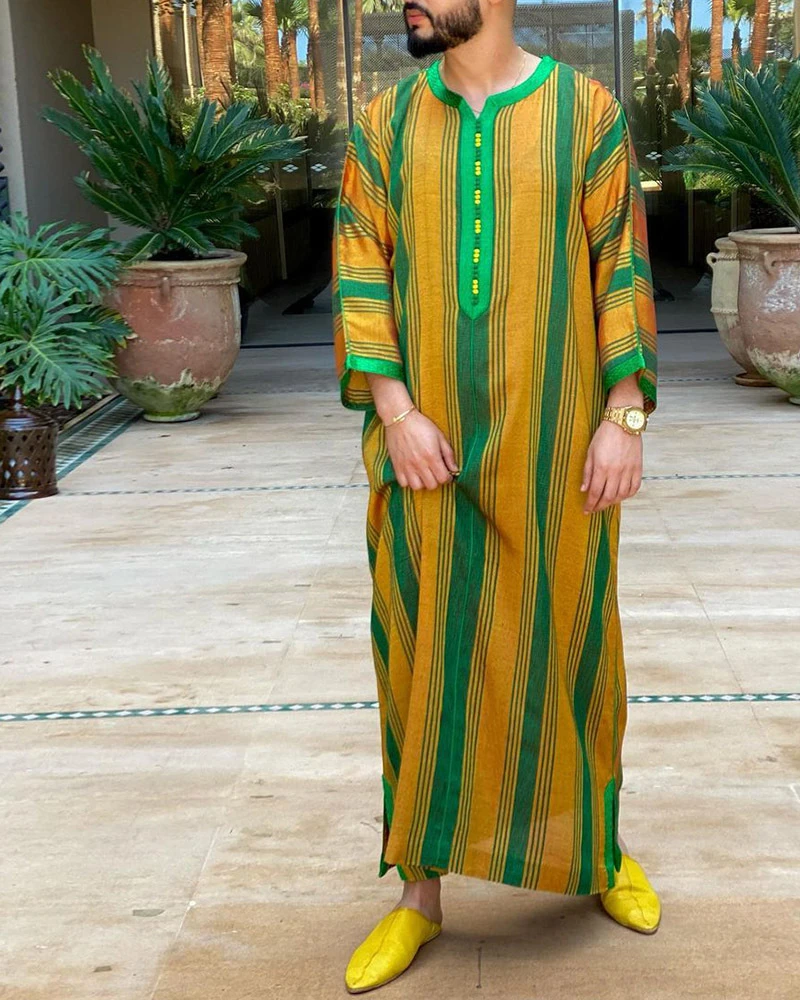 Thobe musulman à manches longues pour hommes, Robe à motif imprimé rayé, Moyen-Orient, Arabie saoudite, Maroc islamique, Dubaï, Abaya, Eid, Été, 2024