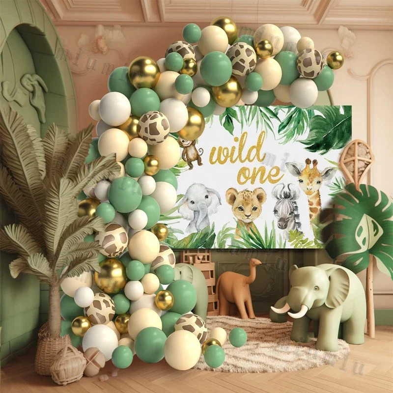 Jungle Safari Green Balloon Garland Arch Kit Kids Birthday Party Supplies Deer Pattern Gold Latex Ballons Baby Shower Decoration