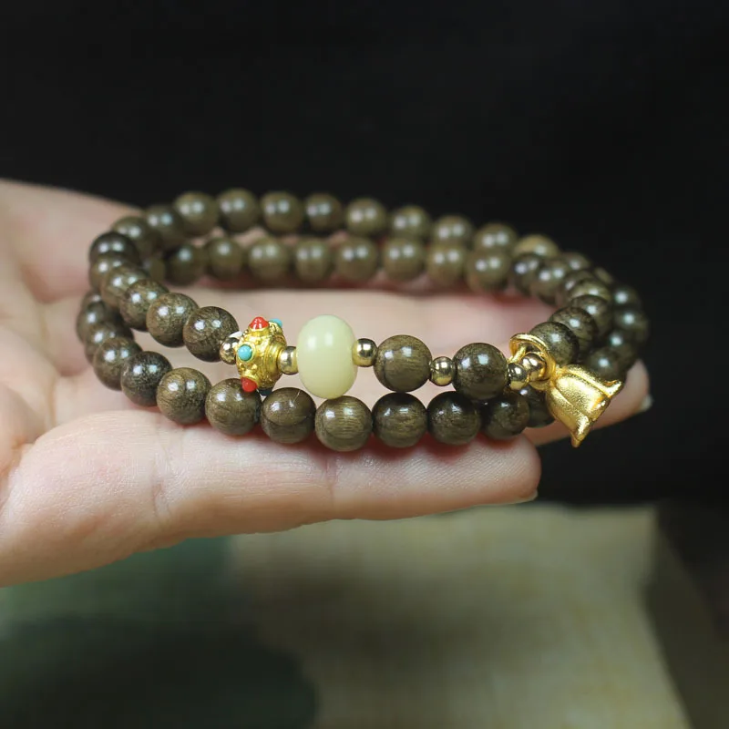 Dark Wood 6mm Double-Layer Bracelet with Lily of the Valley Design, Unisex Forest-Style Buddhist Prayer Beads and Jewelry