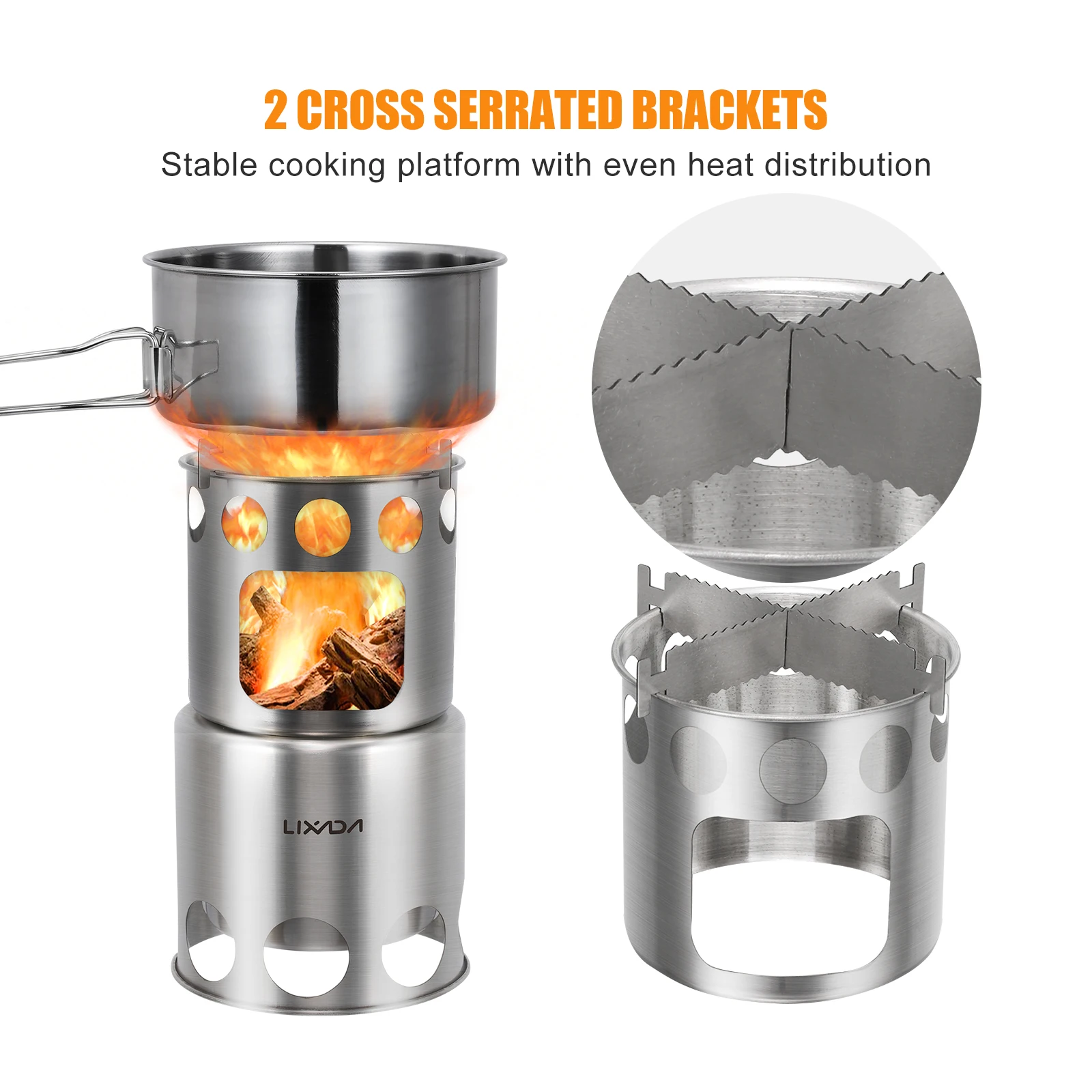 Lixada Portable Stainless Steel Lightweight Wood Stove Outdoor Cooking Picnic Camping Burner Outdoor Camp Cook Tools