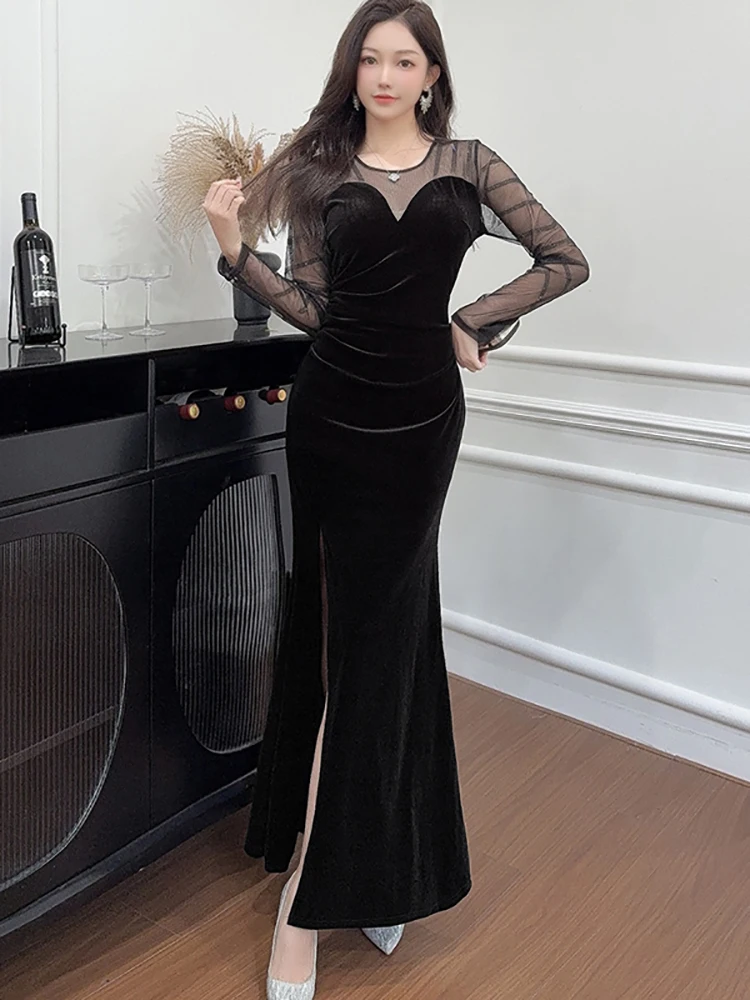 

Весенне-осеннее черное бархатное платье макси с сетчатыми вставками и пэчворком, сексуальное, винтажное, в стиле Хепберн, для выпускного вечера, 2026, корейское, люксовое, вечернее платье