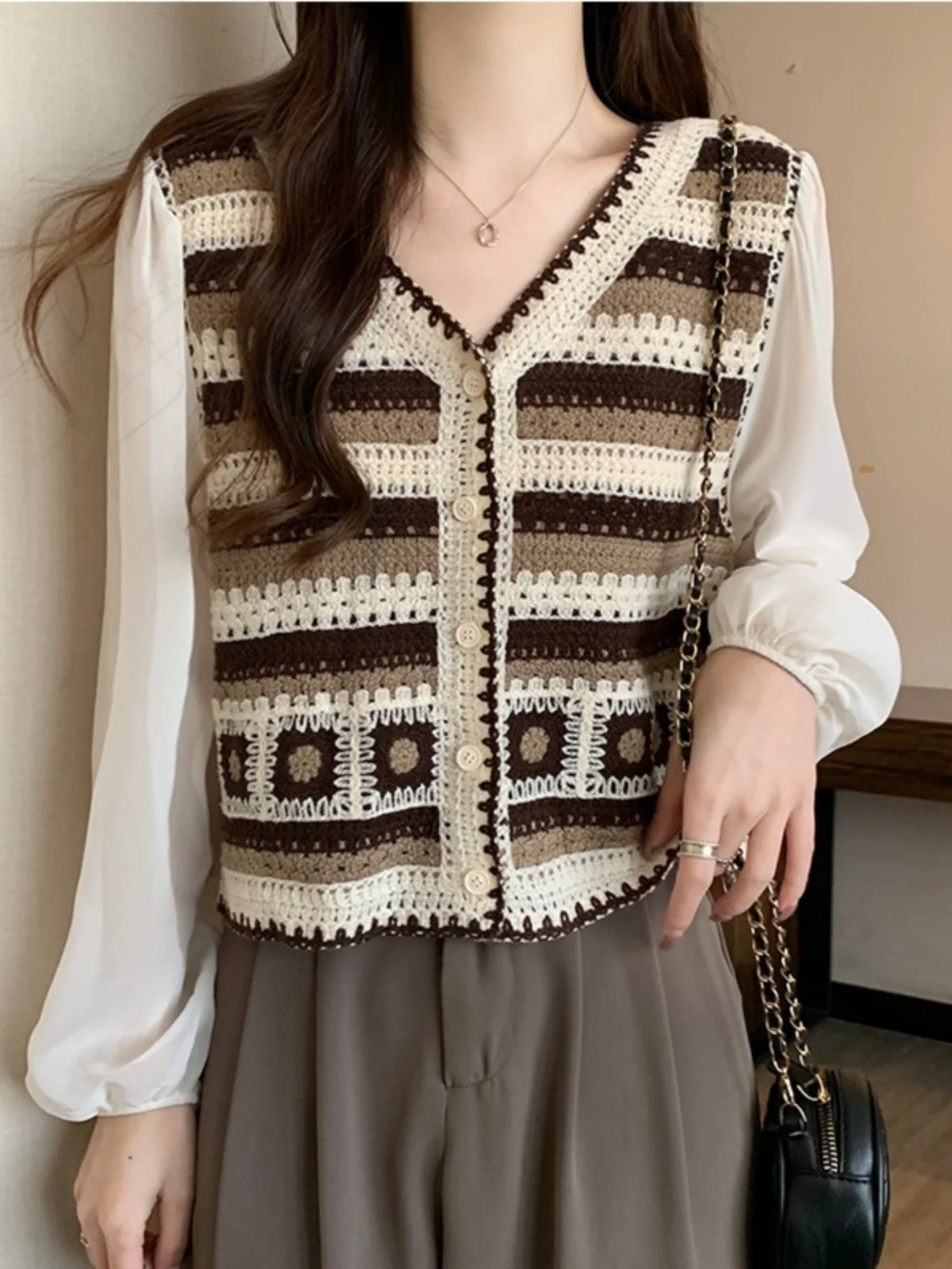 Granny Square Crochet Top Blouse with Chiffon Sleeve Button Front Cardigan Crop Top Women Spring Summer Fairycore Cottagecore