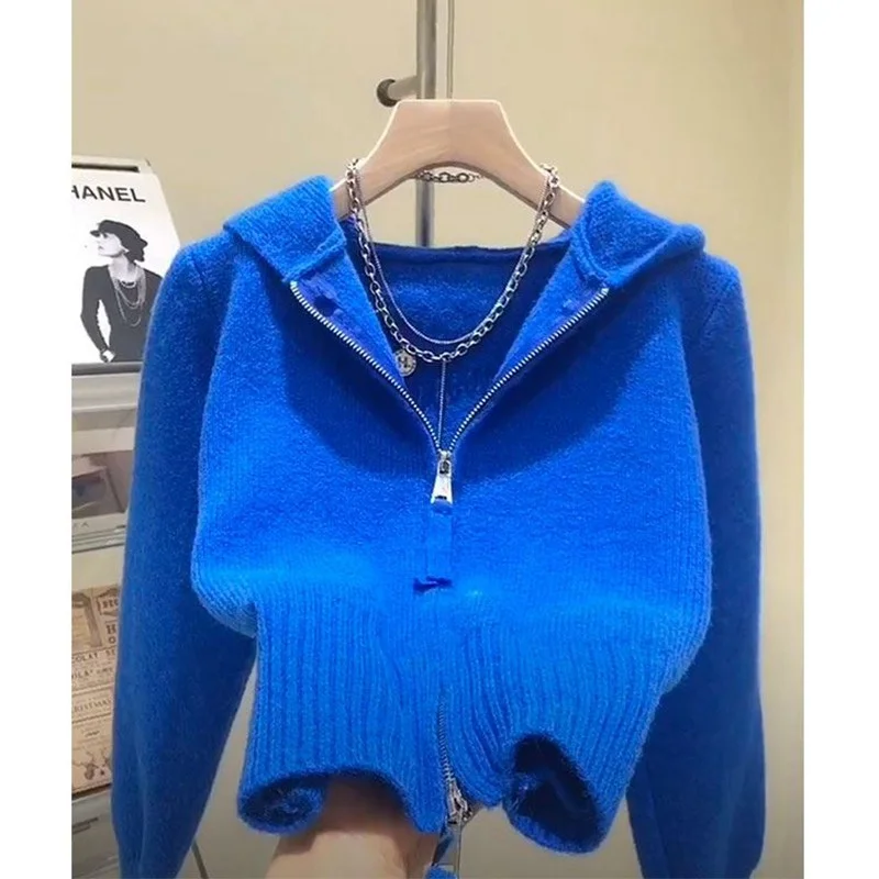 2024 Spring Autumn New Klein Blue Hooded Knitted Sweater Women\'s Double Zipper Knitted Cardigan Coat Sweater Pink White Jackets