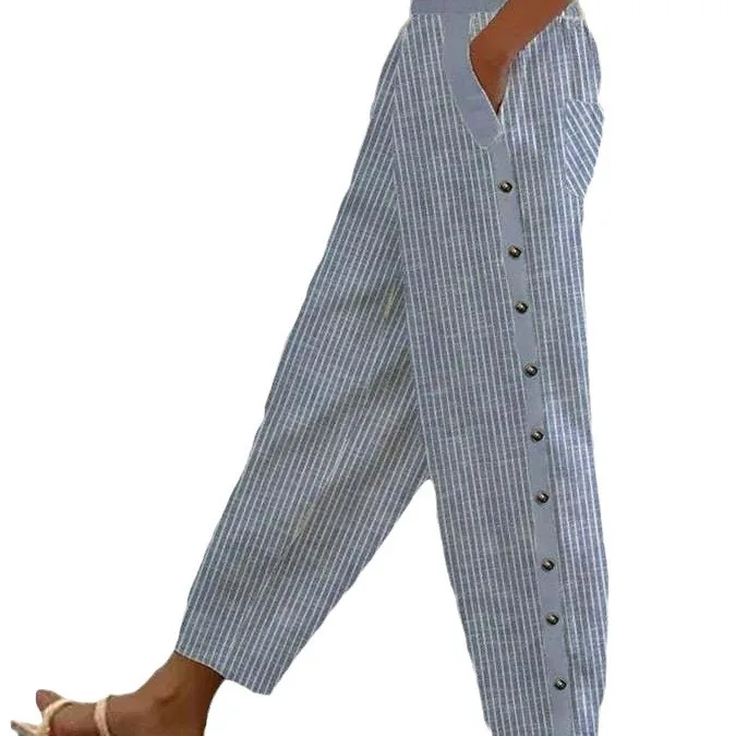 2025 Fashion New Print Striped Nine-point Pants Women's Summer Casual Pocket Trousers Europe and America