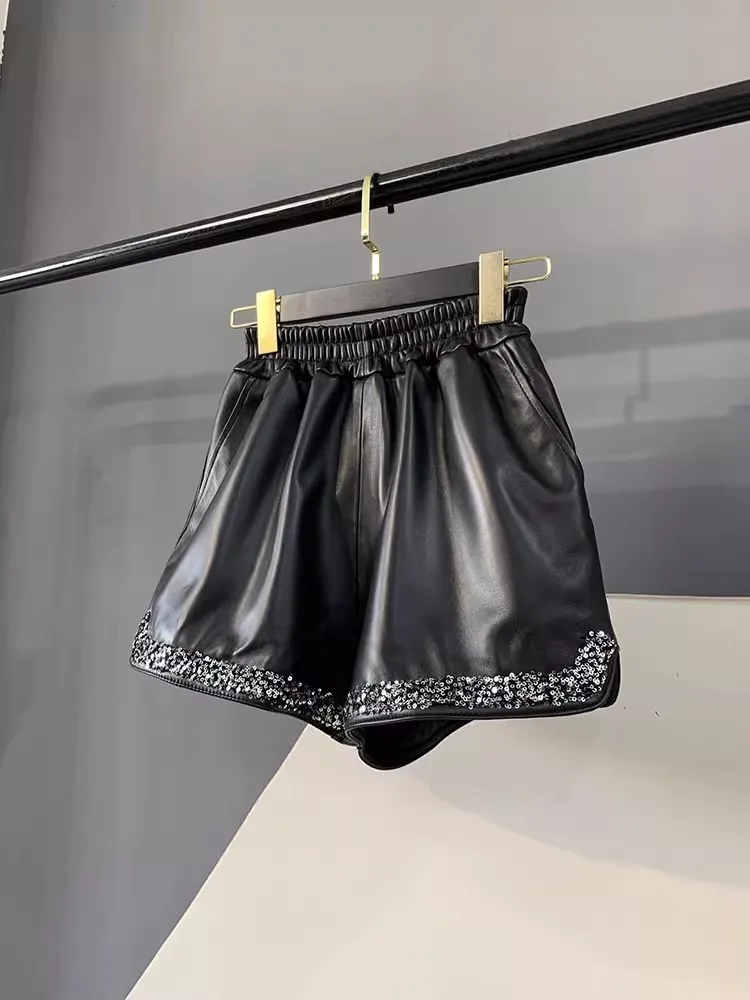 Women Casual Genuine Leather Shorts Elasitc High Waist Fashion Sequined Wide Leg Mini Trousers Streetwear Real Sheepskin Shorts