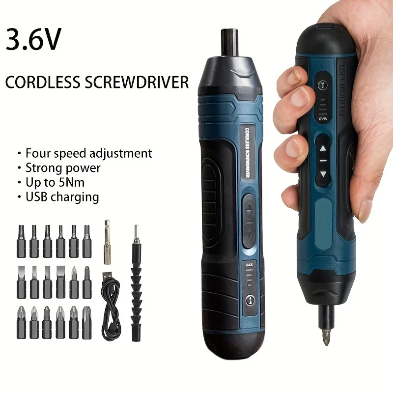 

3.6V USB-Rechargeable Cordless Screwdriver – 4 Torque Settings, Electric Power, Portable Design, Includes Battery