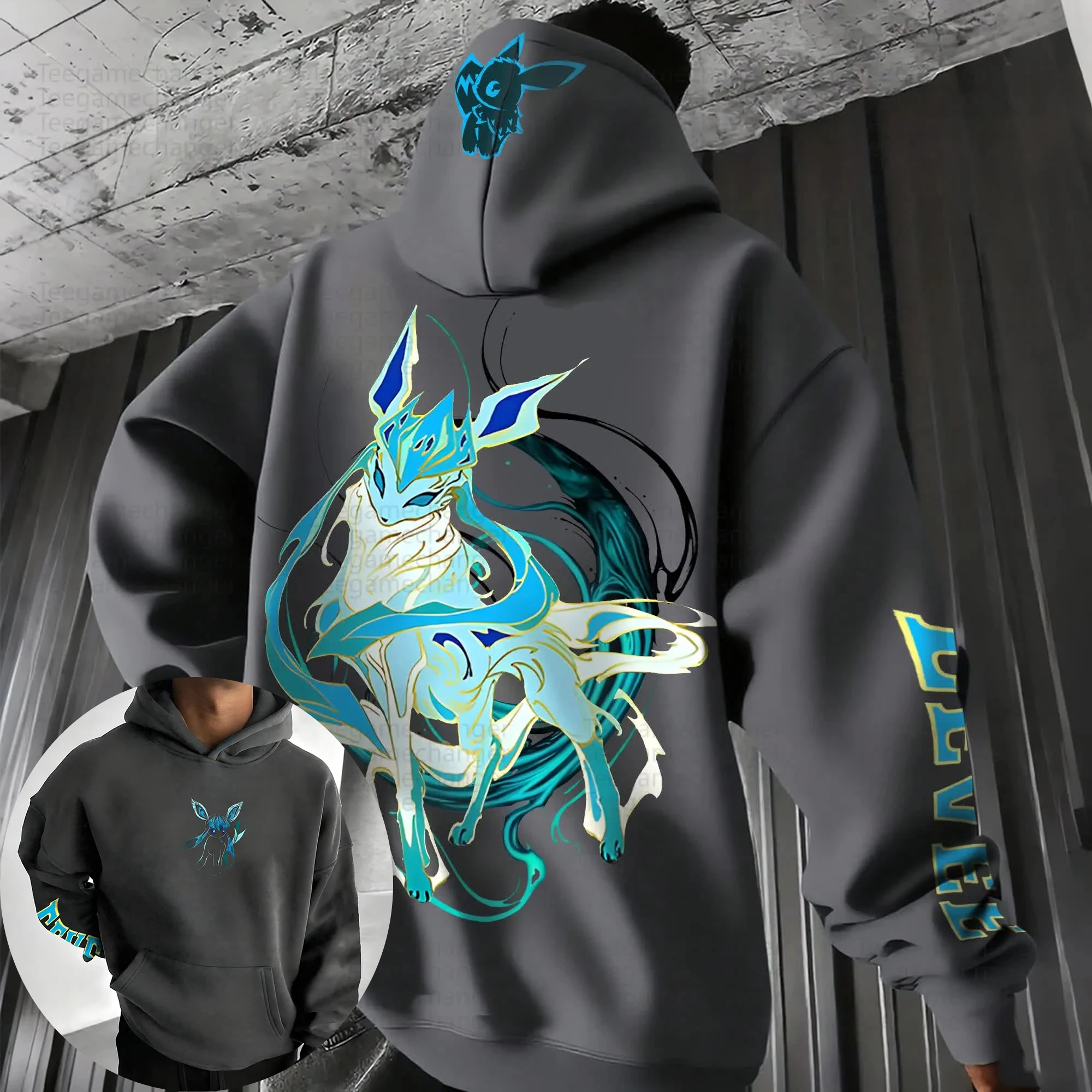 Pokémon moletom com capuz masculino 2025 outono/inverno novo glaceon anime impresso hip hop tendência y2k casual solto pai criança camisola topo