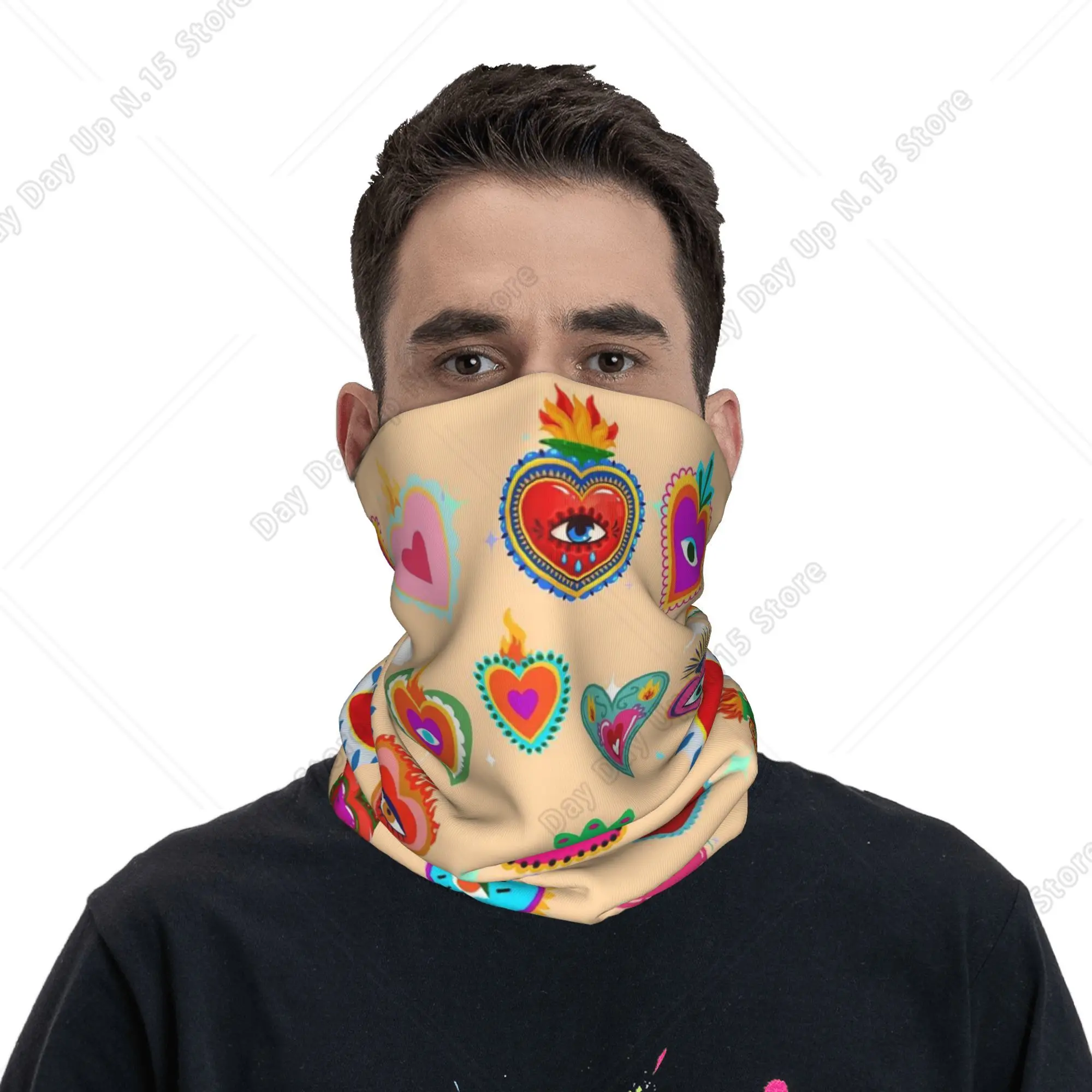 Retro Mexican Heart pattern Bandana Neck Gaiter Printed Mask Scarf Multifunction Headband Hiking Fishing Unisex Adult