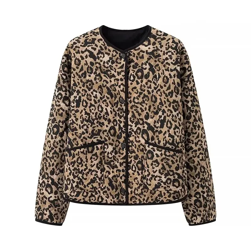 

COROF Leopard Print Quilted Coat for Women 2024 Autumn Female O-Neck Chic Single-breasted with Pockets Cotton New Outerwear