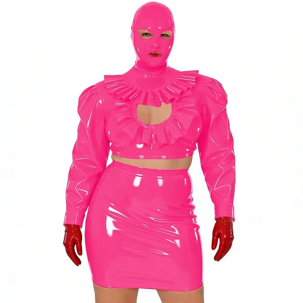 

Wet Look Novelty Hollow Crop Top Bodycon Mini Skirt with Mask 3-Piece Set Sexy PVC Clubwear Halloween Party Cosplay Outfits 7XL