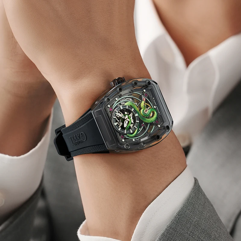

BONEST GATTI Transparent Tonneau Snake Skeleton Men's Automatic Mechanical Watch Waterproof Fluororubber Strap Watch