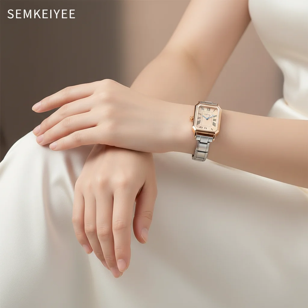 Элегантные женские прямоугольные часы с римскими цифрами, розовое золото и серебро, нержавеющая сталь, винтажный стиль и повседневные модные украшения