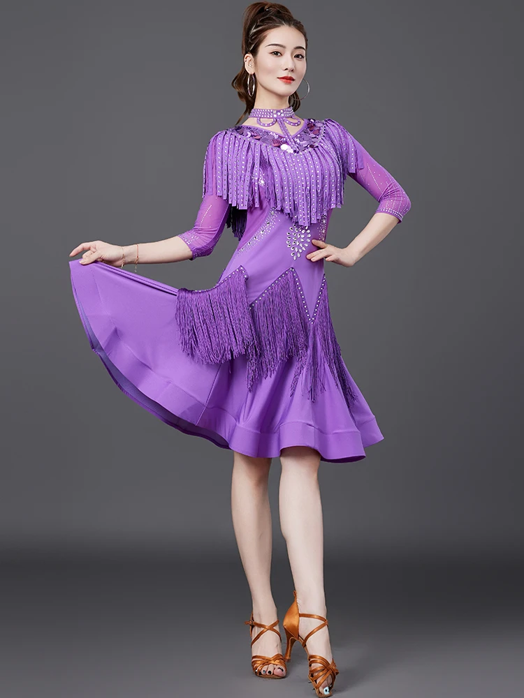 2025 novo vestido de dança latina competição profissional vestido flor feminino adulto desempenho borla trajes de dança 7222