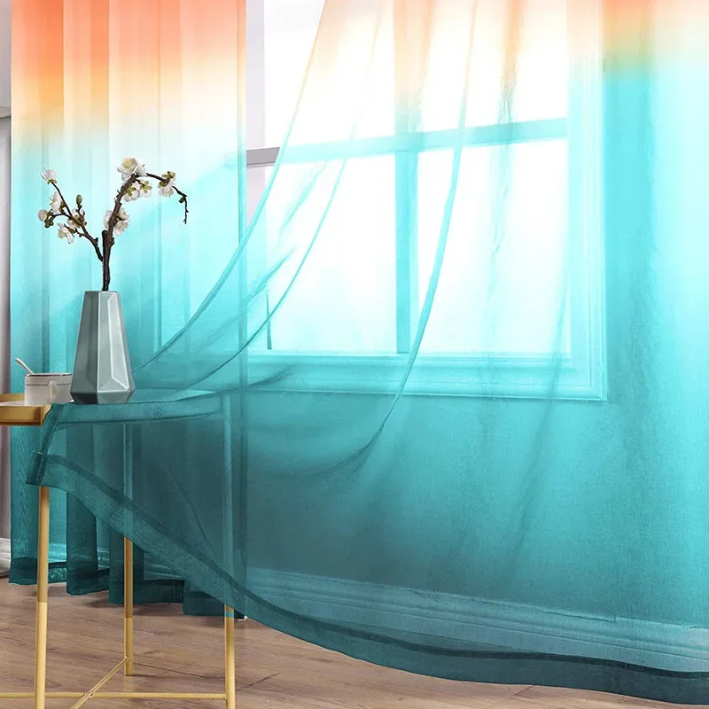 2Pcs Simple Gradient Sheer Curtains Sun Shading Living Room Gauze Bedroom Curtain Soft and Breathable Grommet Home Decoration