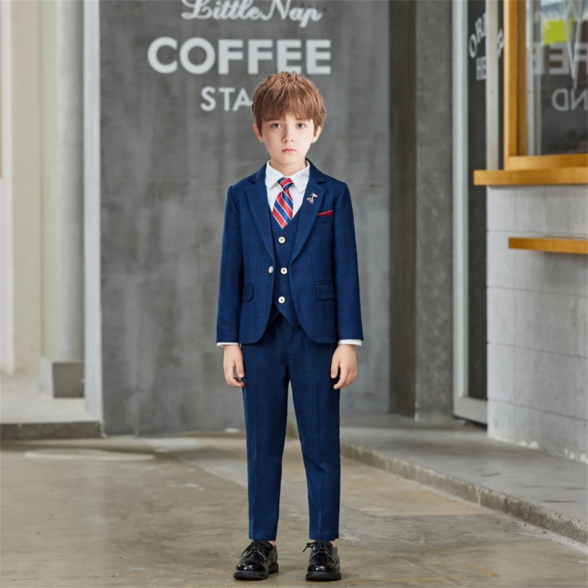 

Boys Suit Jacket Kids Formal Tuxedo Dress Plaid Clothes Sets Child Wedding Party Morning Coat Toddler Blazer Vest Pant Costumes