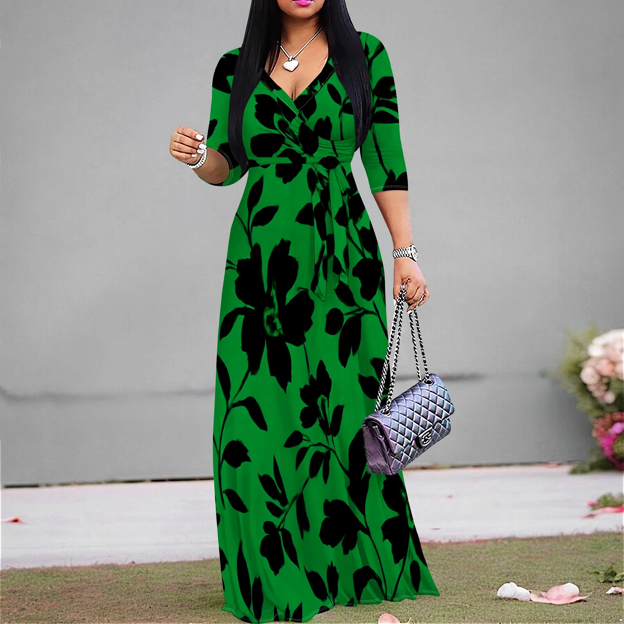 

Women's Boho Floral Maxi Dress V-Neck Wrap Summer Dress 3/4 Sleeve Plus Size XS-3XL Party Vacation Beach Sundress