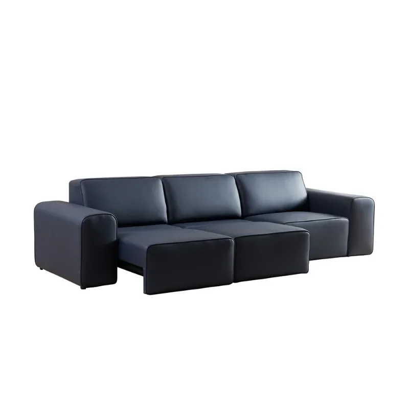Italian minimalist, big black cow leather sofa living room