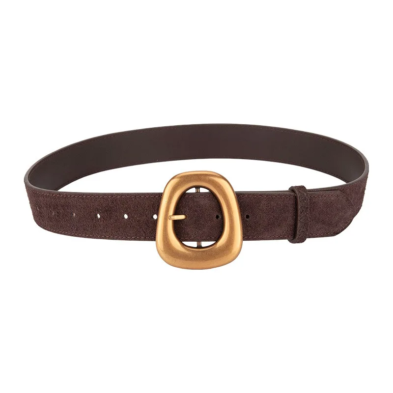 

Новый женский матовый замшевый ремень в гонконгском стиле в стиле ретро, универсальный повседневный ремень из натуральной кожи с большой круглой пряжкой