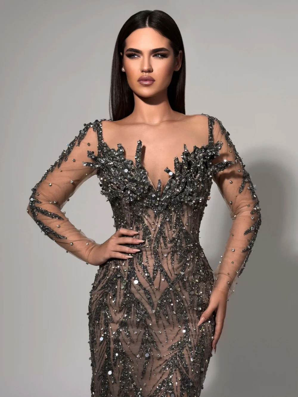 Ätherisches Champagner-Perlen-Abendkleid mit langen Ärmeln, Illusion, Meerjungfrau, formelles Partykleid, neue maßgeschneiderte, exquisite Bankettkleider